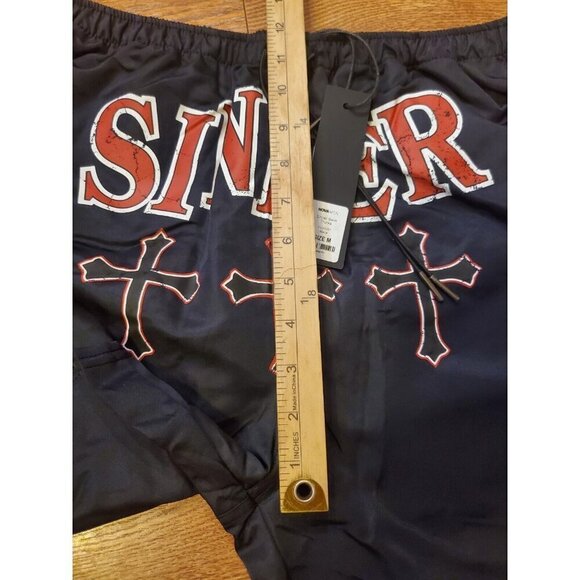 Fashion Nova Swimtrunks Men's Size M Black Red Sinner Crucifix's Mesh Lining NWT - Picture 7 of 11